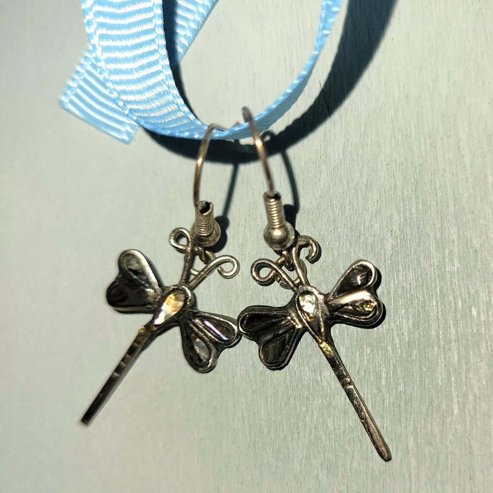 Dragonfly Abalone Shell In Silver Dangle Earrings - Picture 5 of 5